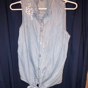 ONLY WORN ONCE! Denim tank top, ties at bottom.